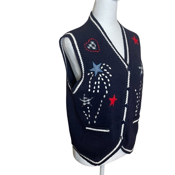 Vintage Robin Sinkler Fireworks Stars Knit Embroidered Vest Medium Patriotic - Picture 3 of 9